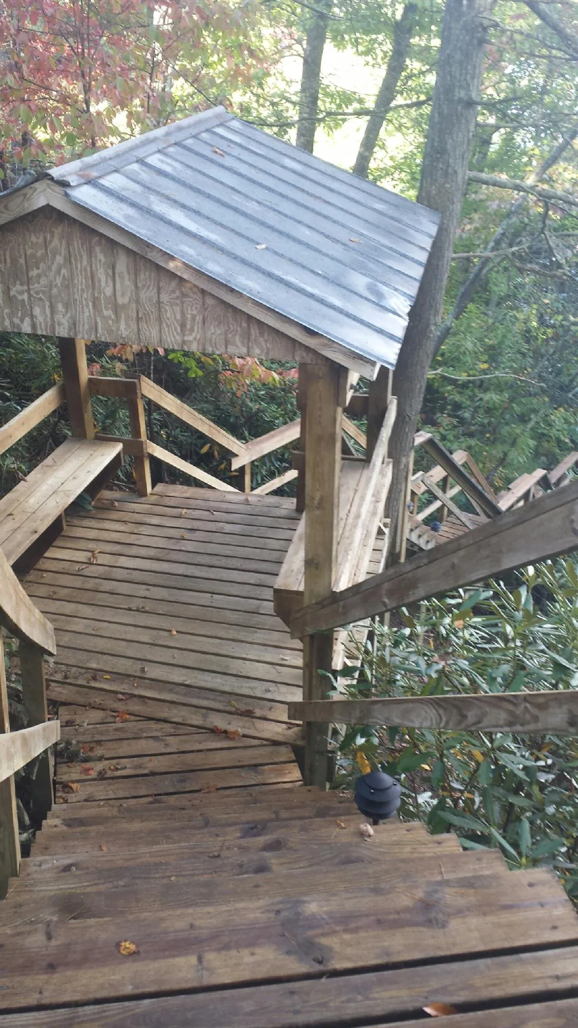 Metal roofed shelter over wooden steps on a wooded walkway — Skylight Repair & Installation work by our crew in Durkee